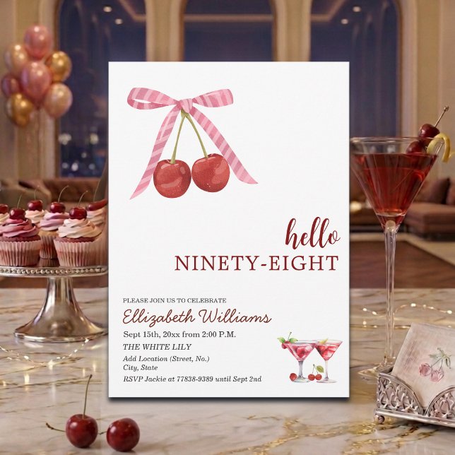 Hello Ninety Eight Cherry Martini Birthday Party Invitation (Creator Uploaded)