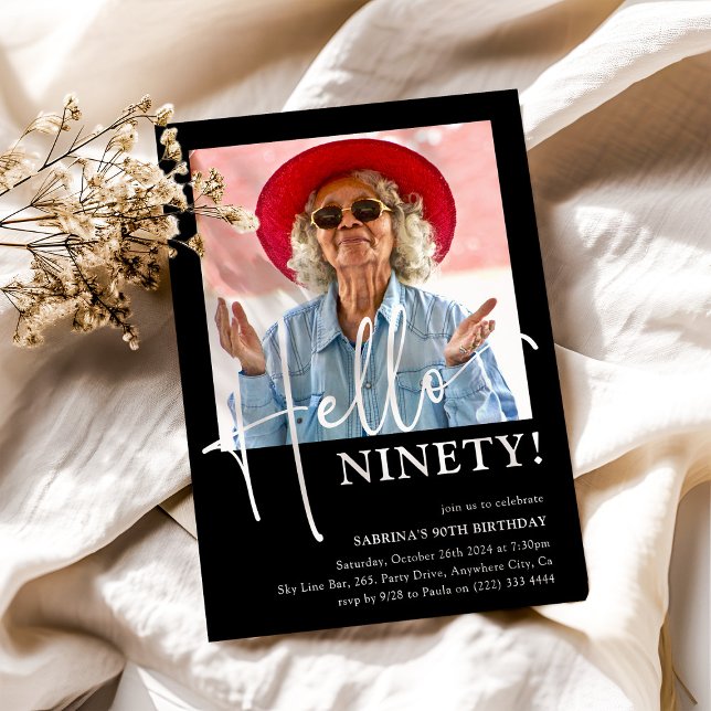 Hello NINETY! Minimal 90th Birthday Party Invitation (Creator Uploaded)
