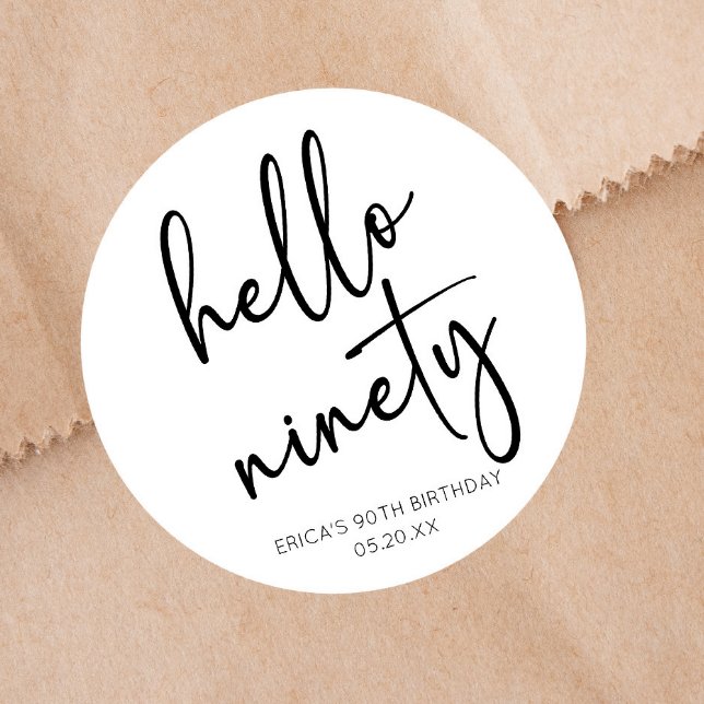 Hello Ninety Minimalist Simple 90th Birthday Party Classic Round Sticker (Creator Uploaded)
