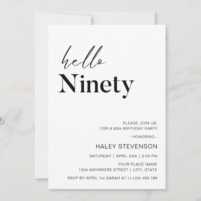 Hello Ninety Modern Chic minimalist 90th Birthday Invitation (Front)
