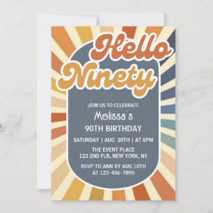 Hello Ninety Retro Sun Groovy Wave 90th Birthday Invitation