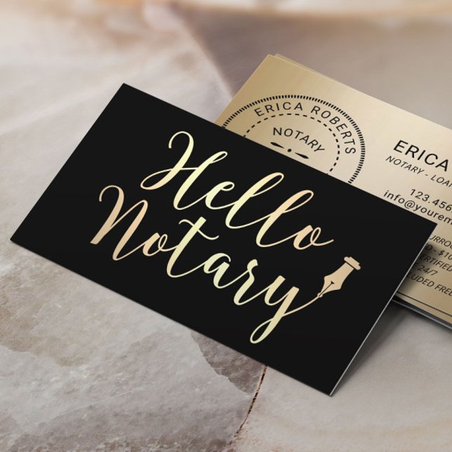 Hello Notary Loan Signing Agent Elegant Black Gold Business Card (Creator Uploaded)