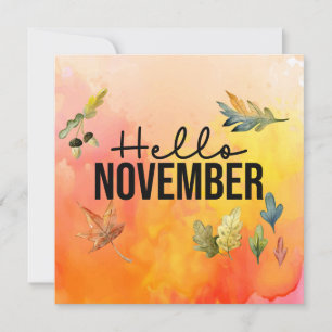 Hello November with Falling Leaves watercolor Hol Holiday Card