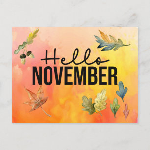 Hello November with Falling Leaves watercolor  Holiday Postcard