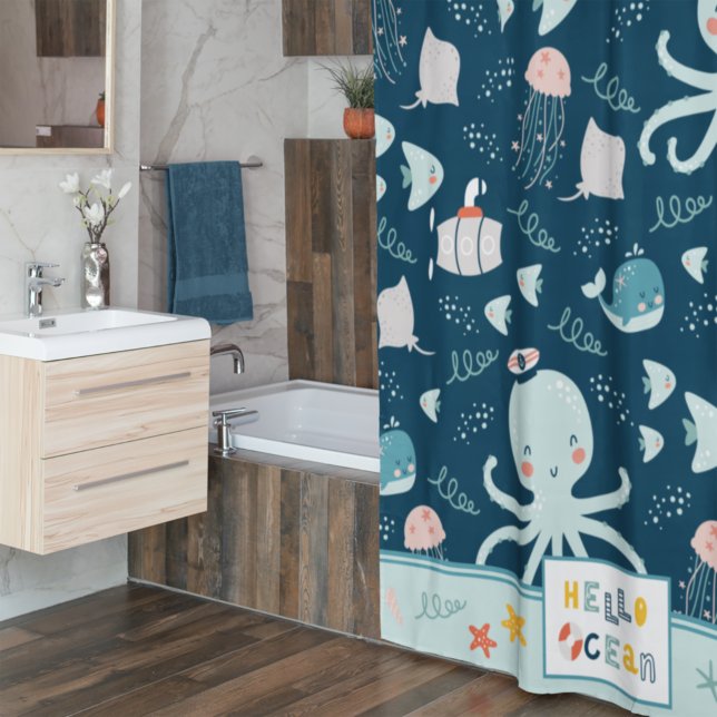 Hello Ocean Octopus Nautical Blue Kid Bathroom Shower Curtain (Creator Uploaded)