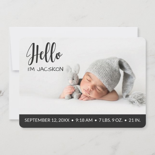 Hello overlay baby boy photo modern dark grey announcement (Front)