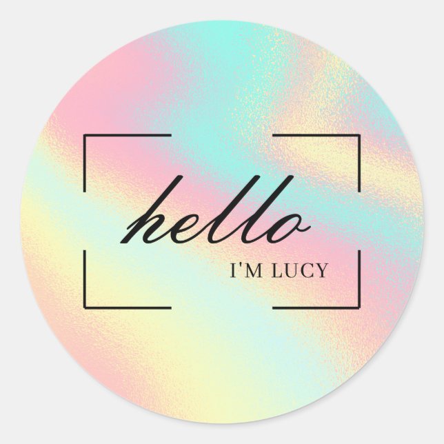 Hello Pastel Holographic Marketing Name Classic Round Sticker (Front)