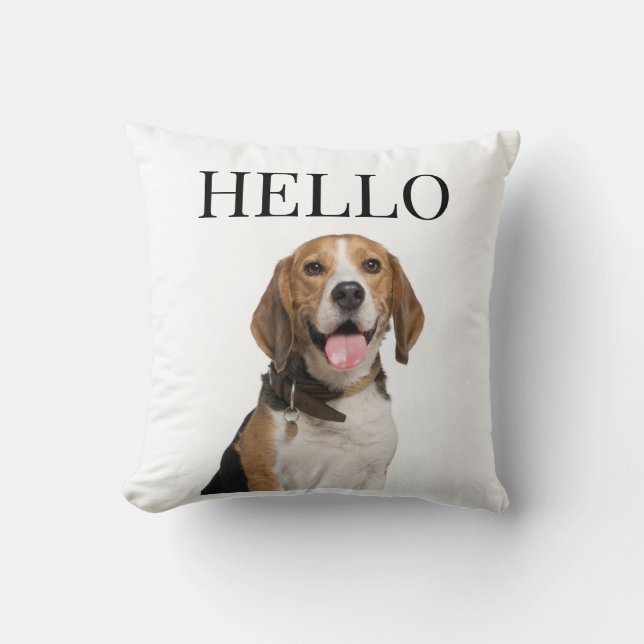 Hello Personalised Beagle Dog Portrait Photo Cushion (Front)