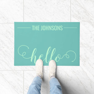 HELLO Personalised Family Name Welcome Mat Teal