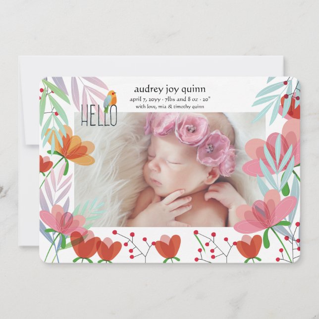 Hello Photo Floral Birth Announcement (Front)