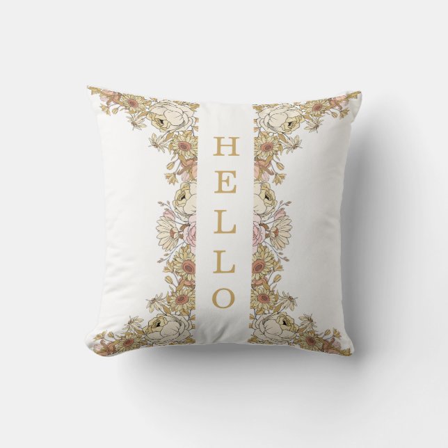 "HELLO" Pillow with Botanical Accents (Front)