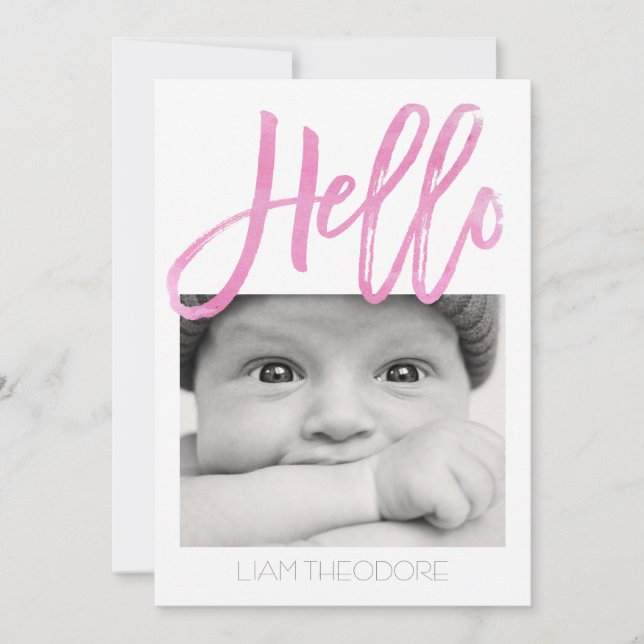 Hello Pink Watercolor 3-Photo | Birth Announcement (Front)