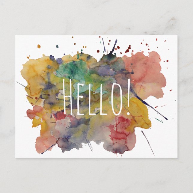 Hello Postcard with Colourful Watercolor Splashes (Front)