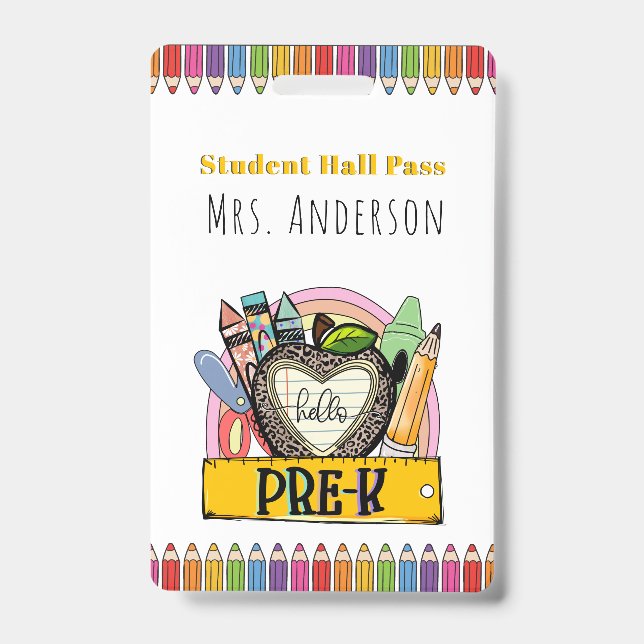 Hello Pre K Hall Pass Badge ID Badge (Front)