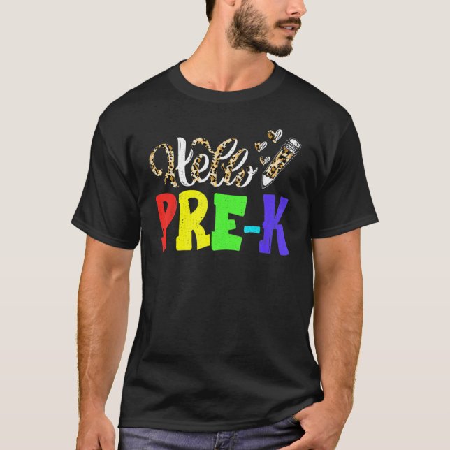 Hello Pre K Leopard Print Pre K Back To School T-Shirt (Front)
