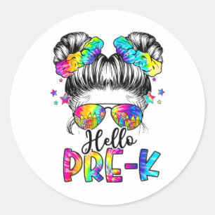 Hello Pre-k Messy Hair Bun Girl Back To School Fir Classic Round Sticker