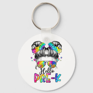 Hello Pre-k Messy Hair Bun Girl Back To School Fir Key Ring