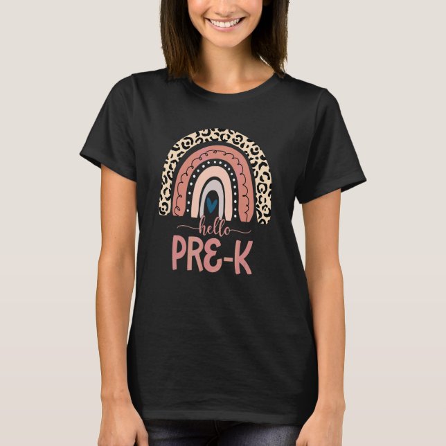 Hello Pre K Teacher Preschool Leopard Rainbow Back T-Shirt (Front)