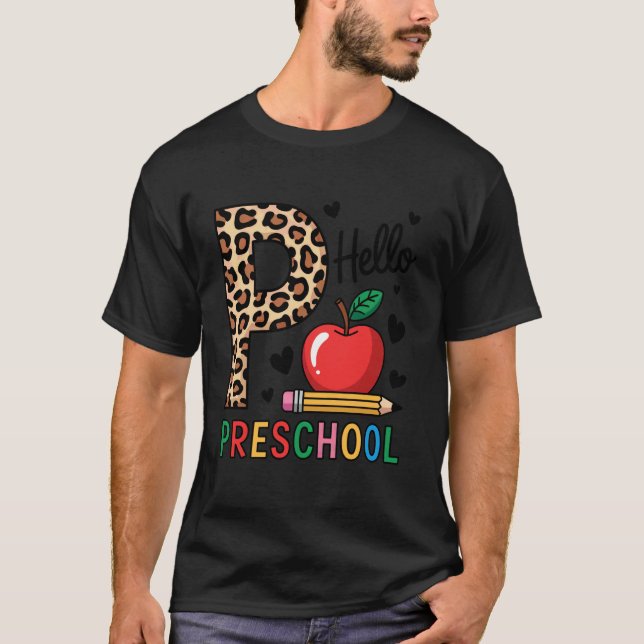 Hello Preschool Colourful Leopard Pencil First Day T-Shirt (Front)