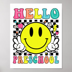 Hello Preschool Teacher Kids Retro Smile Face Back Poster
