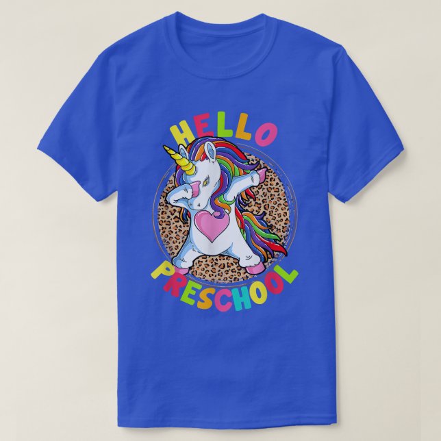 Hello Preschool Unicorn Kids Girls Leopard Back To T-Shirt (Design Front)