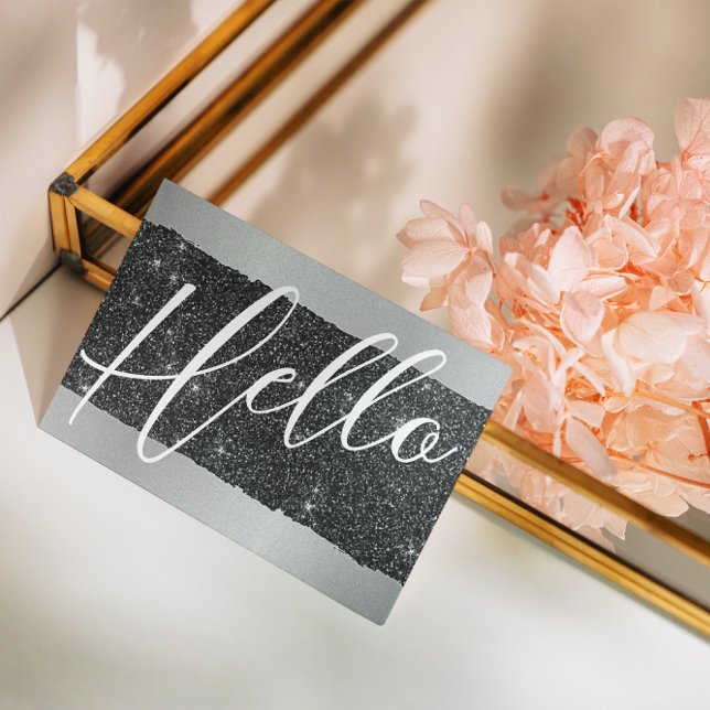 Hello | Professional Modern Script Black Glitter Business Card (Creator Uploaded)
