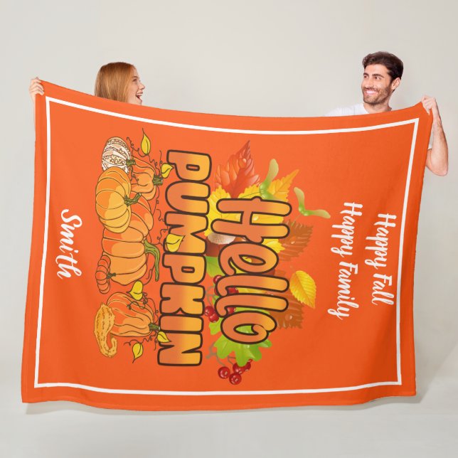 Hello Pumpkin Autumn Customise Text and Colour Fleece Blanket (In Situ)