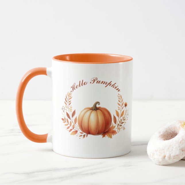 Hello  Pumpkin Autumn Customised Text Mug (With Donut)