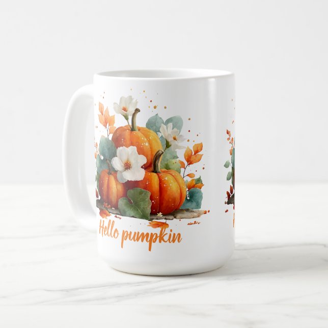 Hello Pumpkin Autumn Floral Design Coffee Mug (Front Left)