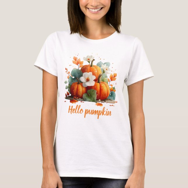 Hello Pumpkin Autumn Floral Design T-Shirt (Front)