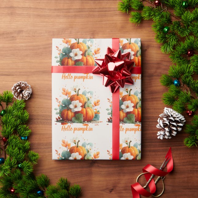 Hello Pumpkin Autumn Floral Design Wrapping Paper (Holiday Gift)