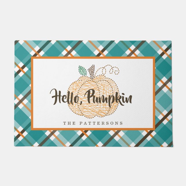 Hello Pumpkin Autumn Teal Orange Plaid Door Mat (Front)
