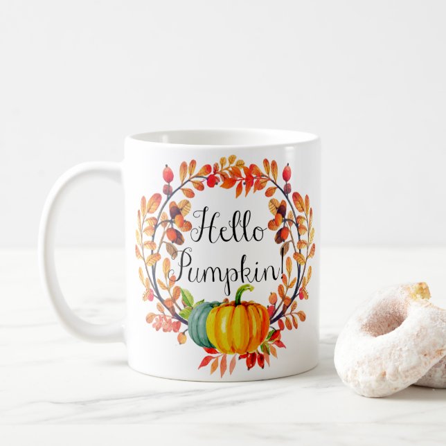 "Hello Pumpkin!" Autumn Wreath Coffee Mug (With Donut)