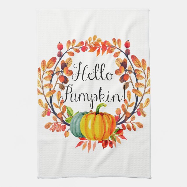 "Hello Pumpkin!" Autumn Wreath Kitchen Towel (Vertical)
