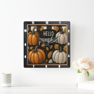 Hello Pumpkin Black Plaid Square Wall Clock