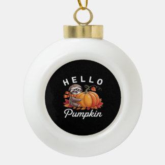 Hello Pumpkin - Cute Fall Sloth Autumn Leaves Foli Ceramic Ball Christmas Ornament