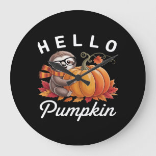 Hello Pumpkin - Cute Fall Sloth Autumn Leaves Foli Large Clock