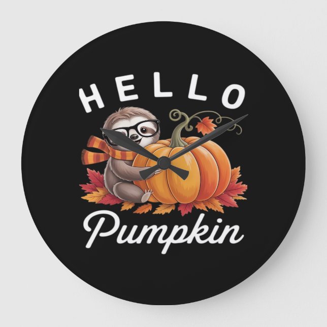 Hello Pumpkin - Cute Fall Sloth Autumn Leaves Foli Large Clock (Front)