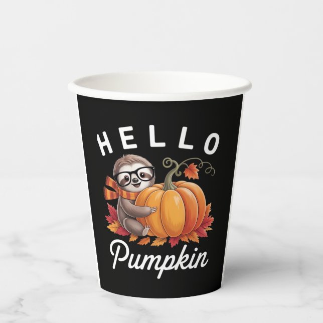 Hello Pumpkin - Cute Fall Sloth Autumn Leaves Foli Paper Cups (Front)