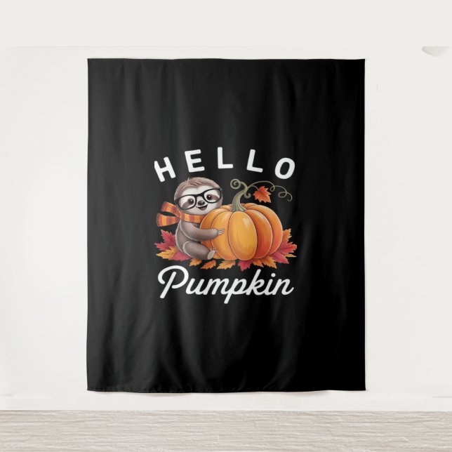 Hello Pumpkin - Cute Fall Sloth Autumn Leaves Foli Tapestry (Front)