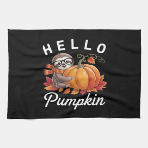 Hello Pumpkin - Cute Fall Sloth Autumn Leaves Foli Tea Towel