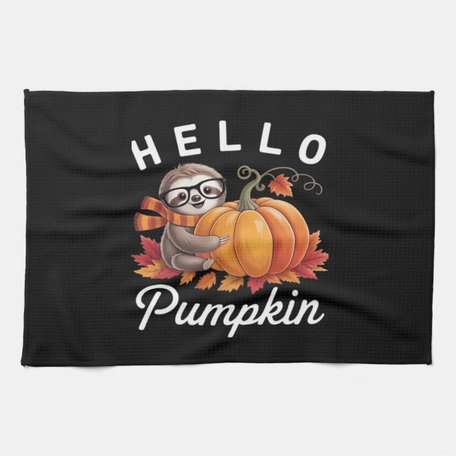 Hello Pumpkin - Cute Fall Sloth Autumn Leaves Foli Tea Towel (Horizontal)