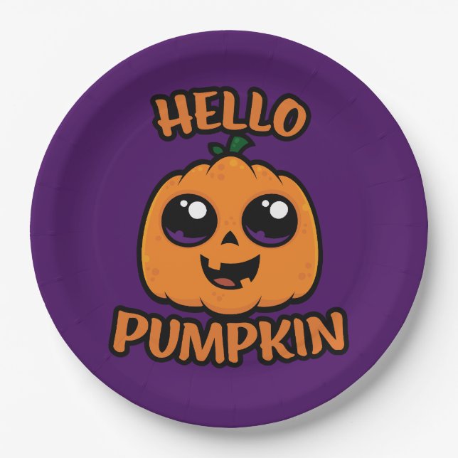 Hello Pumpkin Cute Halloween Jack-O-Lantern Paper Plate (Front)
