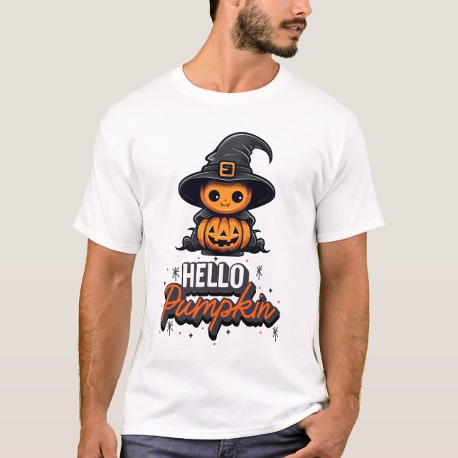 Hello Pumpkin Cute Halloween Pumpkin Witch T-Shirt (Front)