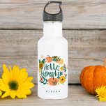 Hello Pumpkin Fall Wildflowers Butterfly Wreath 532 Ml Water Bottle<br><div class="desc">The design features our beautiful fall blooming yellow wildflower florals and pumpkins in bight yellow, blush pink and green foliage. The wildflower floral garden and butterflies creates a beautiful fall floral pumpkin wreath, with the words "hello pumpkin" in a beautiful brush stylish script font. Personalised with name. All illustrations are...</div>