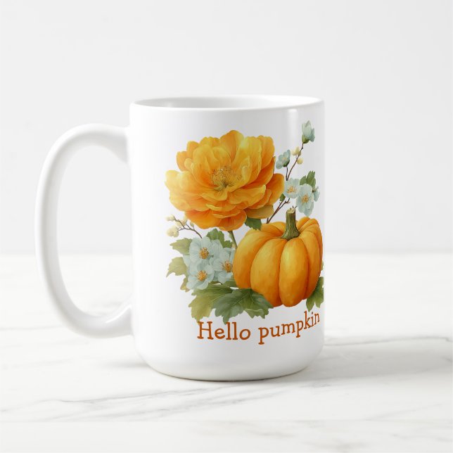 Hello Pumpkin Floral Halloween Design Coffee Mug (Left)