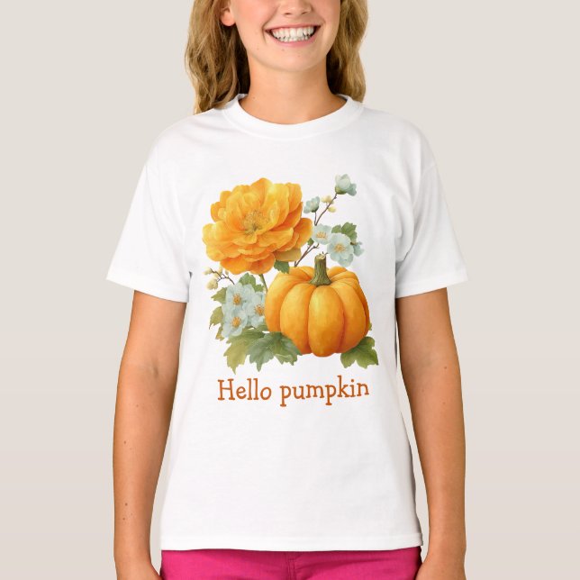 Hello Pumpkin Floral Halloween Design T-Shirt (Front)