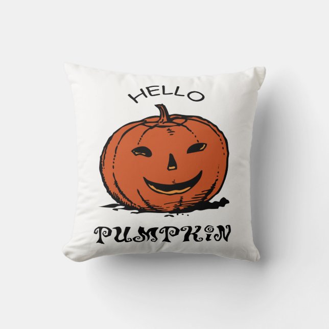 Hello pumpkin jack-o-lantern illustration, Black Cushion (Front)