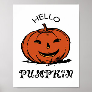 Hello pumpkin jack-o-lantern illustration, Black Poster
