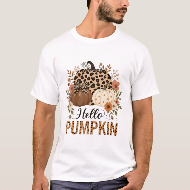Hello Pumpkin Png, Boho Floral Fall Leopard Pumpki T-Shirt (Front)